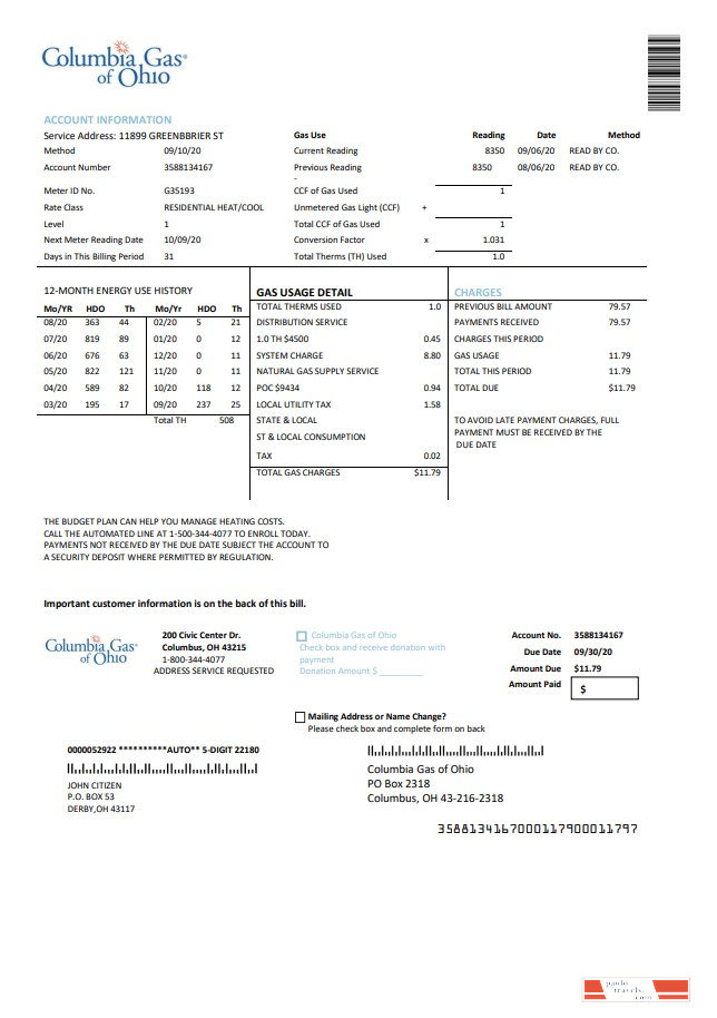 USA Columbia Gas of Ohio utility bill template in Word and PDF format